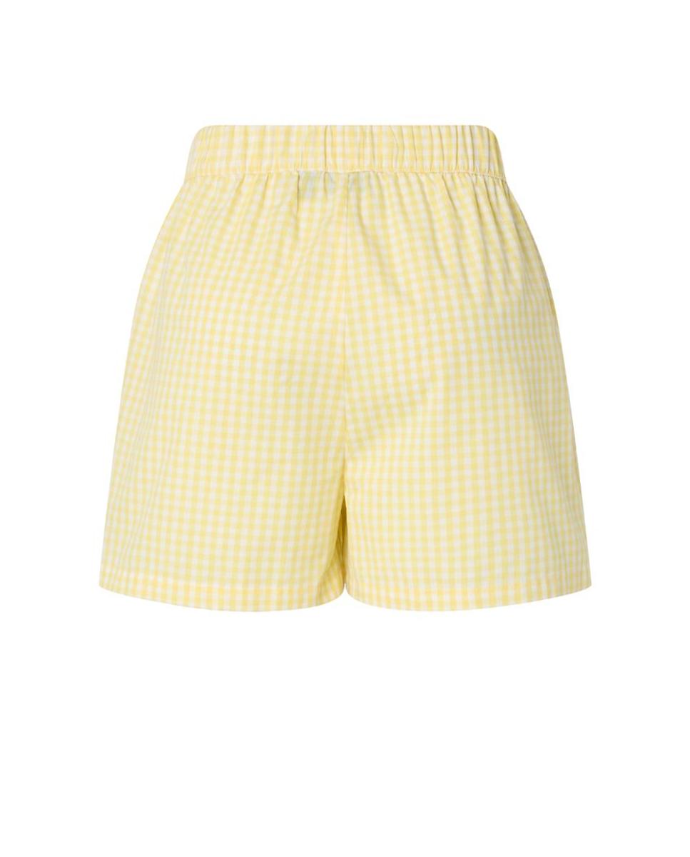 Calções de Cintura Subida com Cintura Elástica aos Quadrados Vichy. Amarelo-6