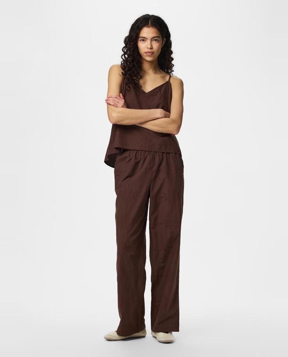Pantalón ancho de mujer con cintura elástica. - Pieces - Marrón oscuro Marrón oscuro-4