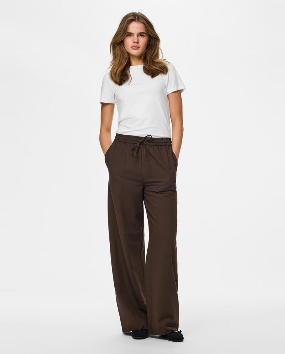 Pantalón de mujer wide leg con tiro alto - Pieces - Marrón oscuro Marrón oscuro-1