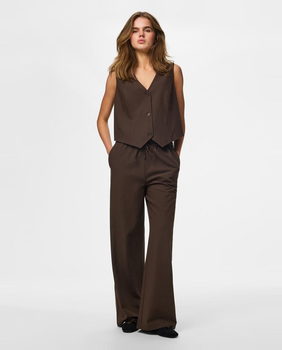 Pantalón de mujer wide leg con tiro alto - Pieces - Marrón oscuro Marrón oscuro-5