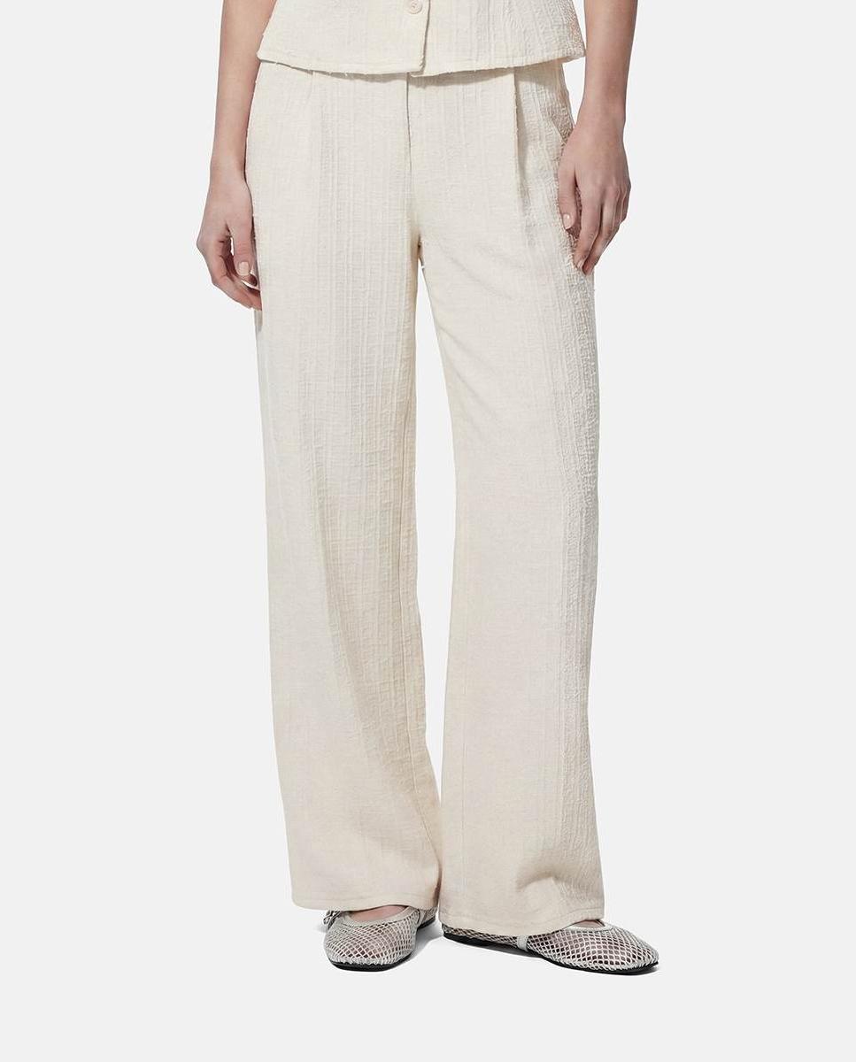 Calças Regular em Tecido de Jacquard com Fecho de Correr Cru-3