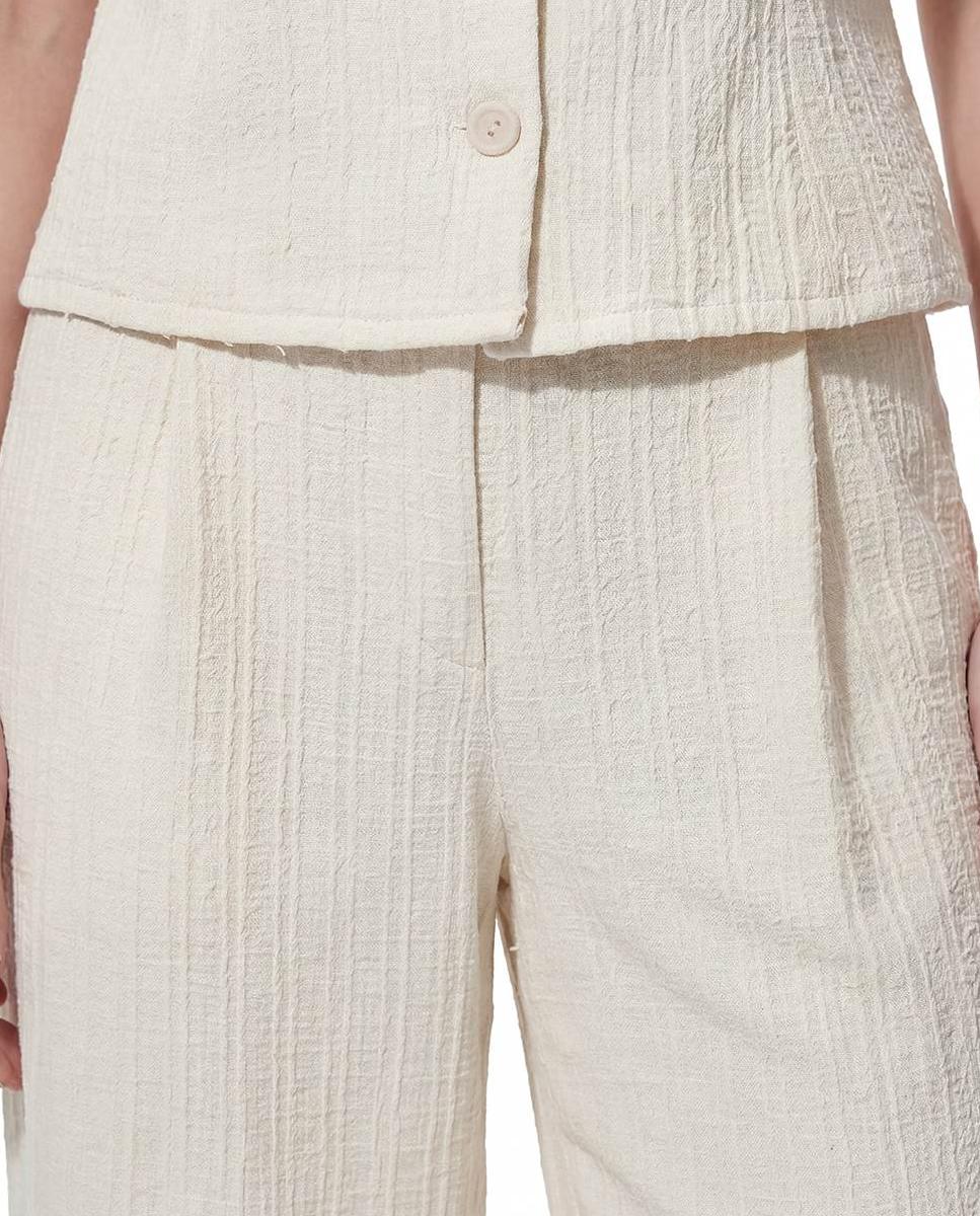 Calças Regular em Tecido de Jacquard com Fecho de Correr Cru-4