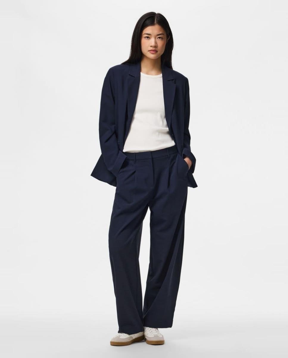 Pantalón de traje de mujer barrel fit con cintura media - Pieces - Azul marino Azul marino-1