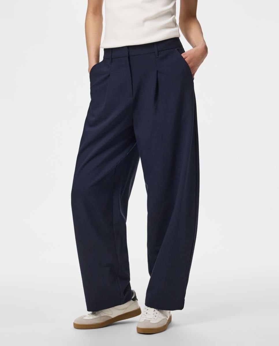 Pantalón de traje de mujer barrel fit con cintura media - Pieces - Azul marino Azul marino-3