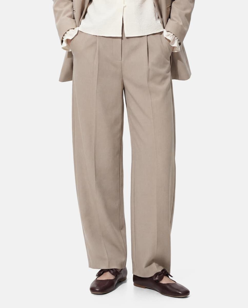 Pantalón de traje de mujer barrel fit con cintura media - Pieces - Beige Beige-3