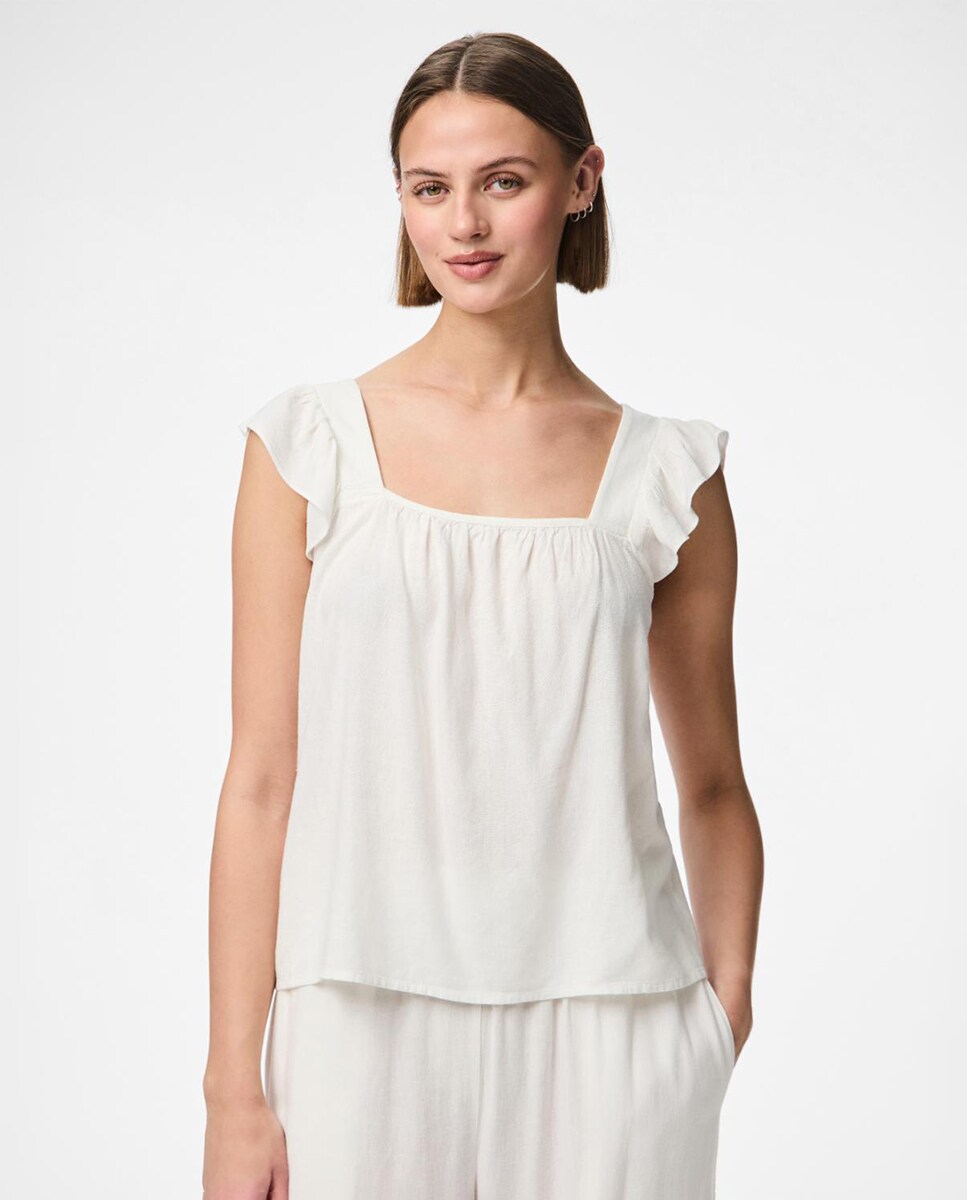 Top de Alças de Linho com Folho Branco-1