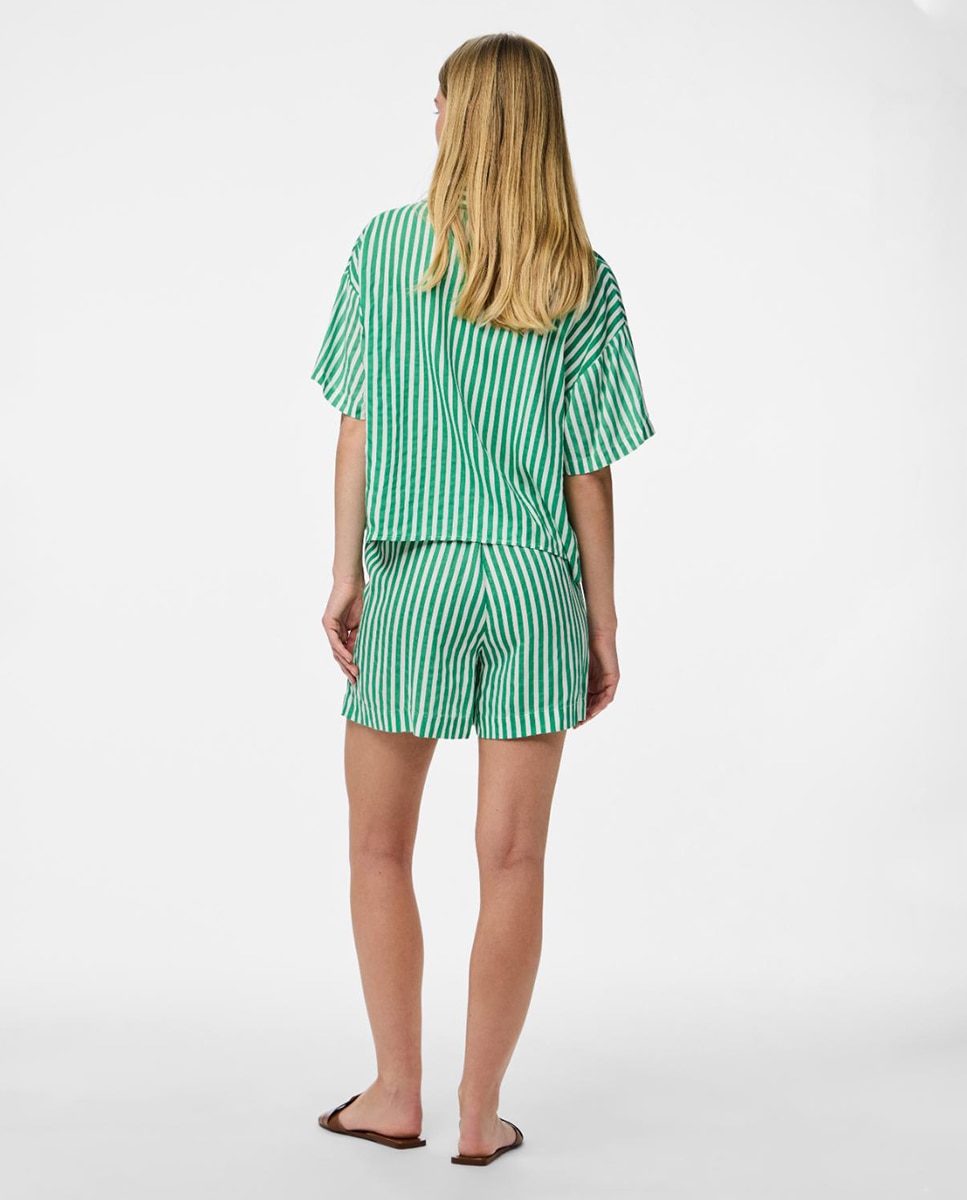 Camisa de Manga Curta e Estampado às Riscas Verde-2