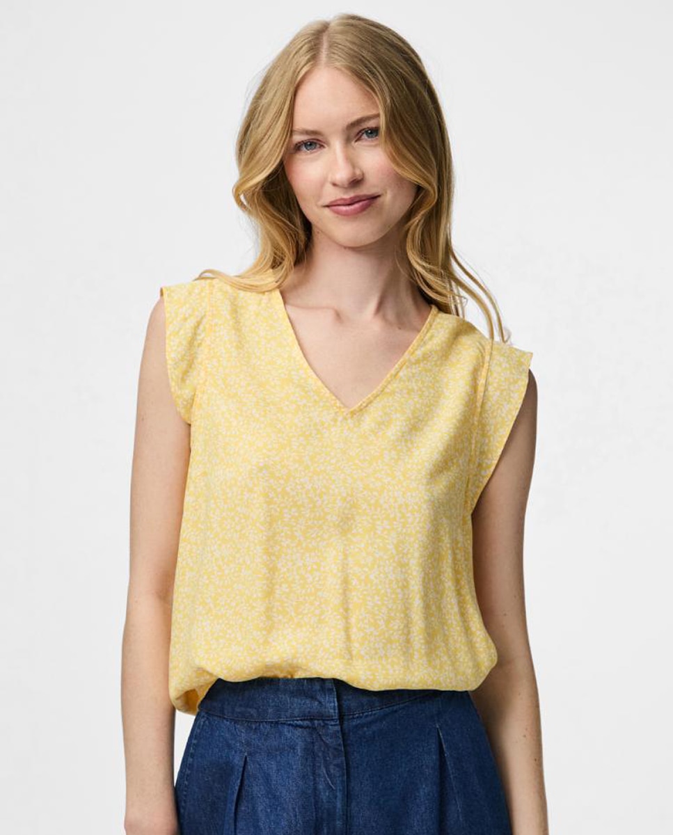 Blusa cuello pico y manga corta mujer. - Pieces - Amarillo Amarillo-1