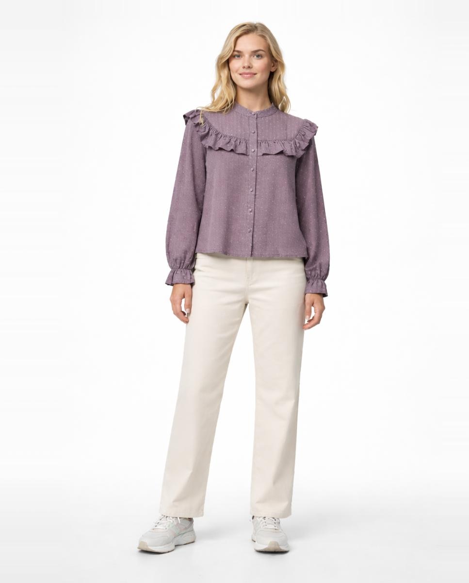 Camisa de Manga Comprida com Folhos e Bolinhas Roxo-2