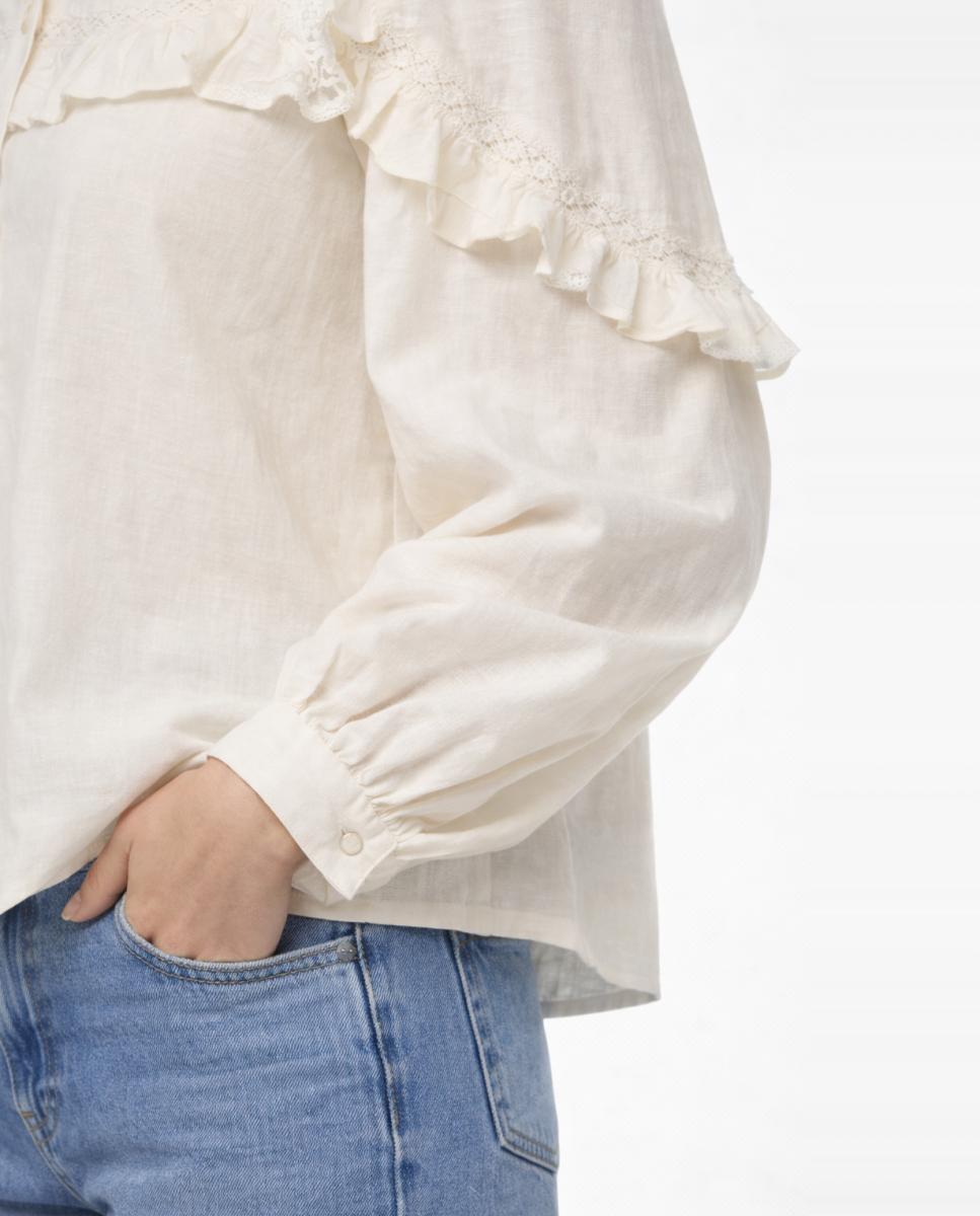 Camisa com Folhos e Manga Comprida Cru-3