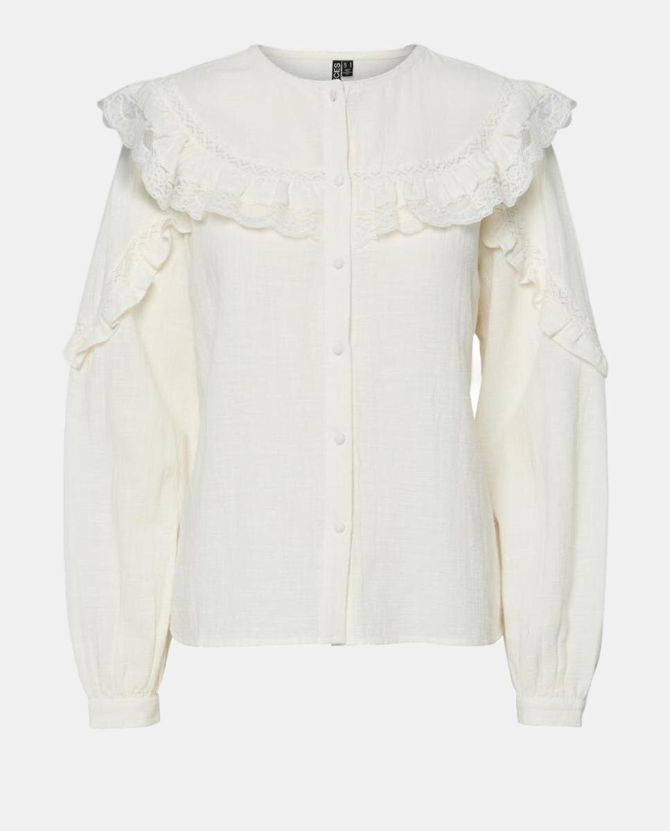 Camisa com Folhos e Manga Comprida Cru-4