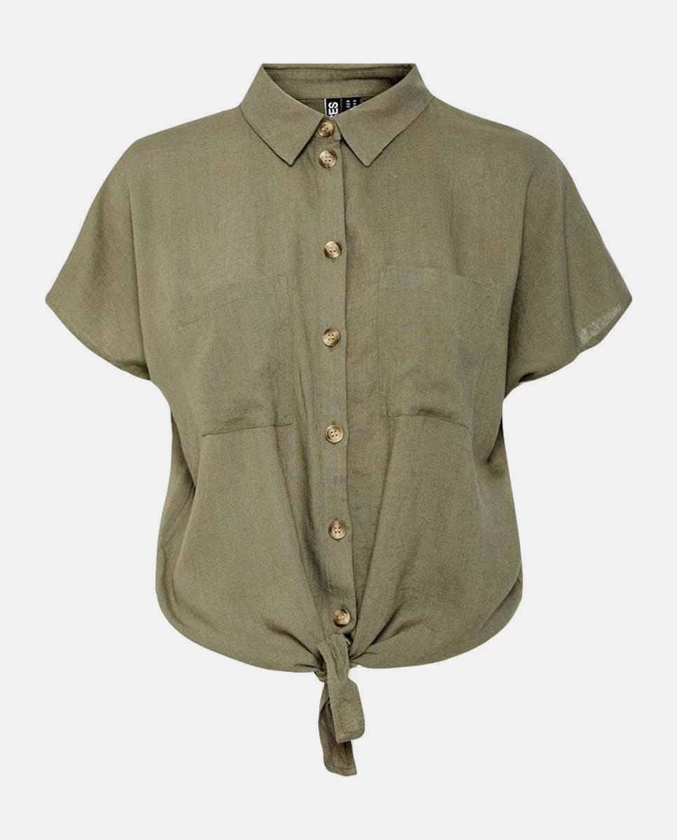 Camisa de Linho com Manga Curta Verde-militar-4