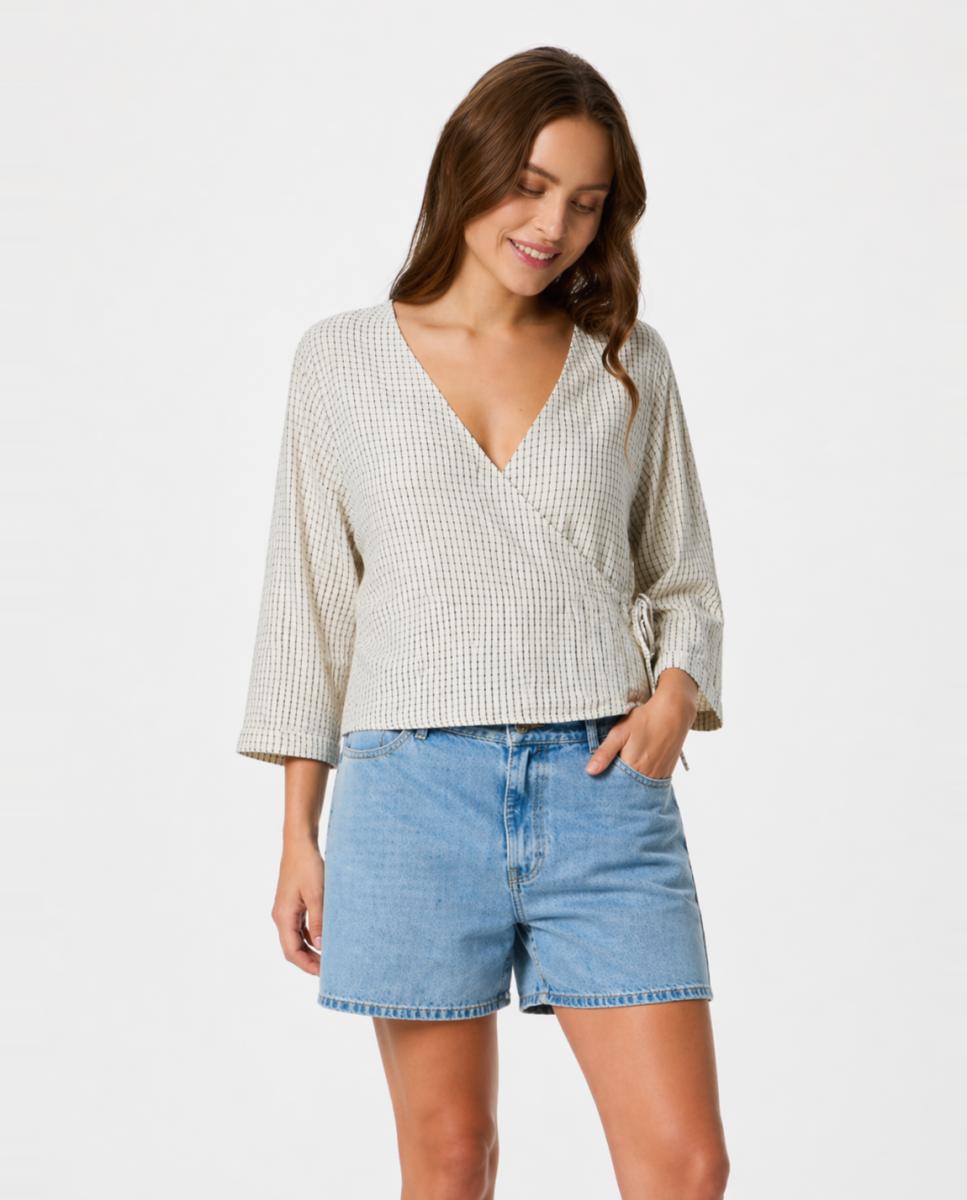 Pieces - Camisa cruzada de lino de mujer.