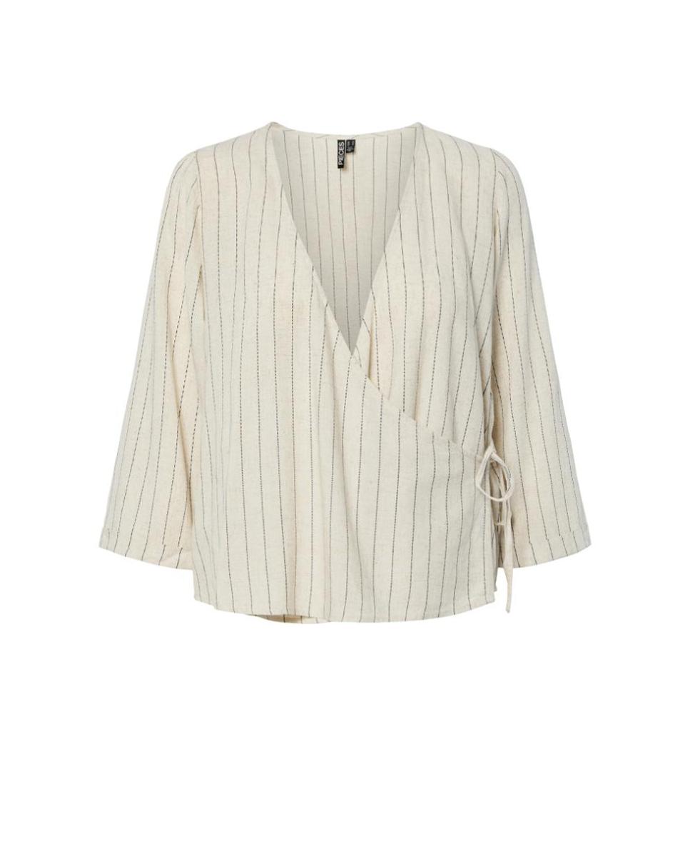 Camisa Cruzada de Linho Bege-5