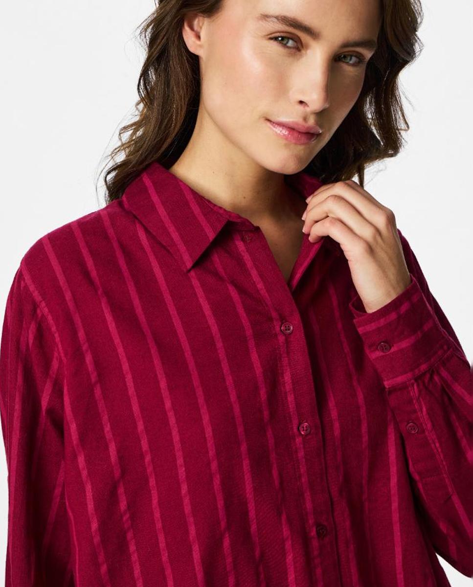 Camisa de Linho às Riscas com Manga Comprida Bordeaux-4