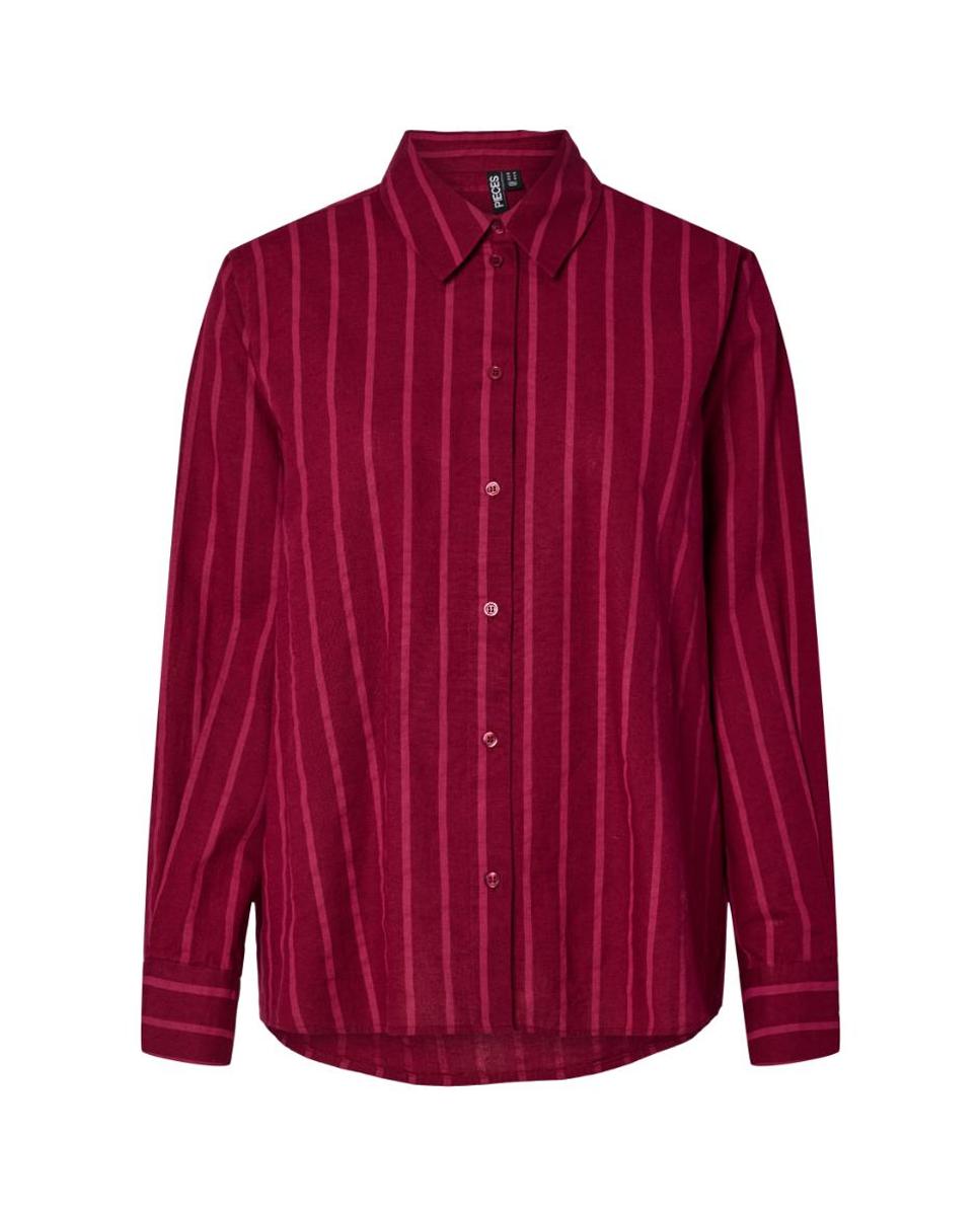 Camisa de Linho às Riscas com Manga Comprida Bordeaux-5