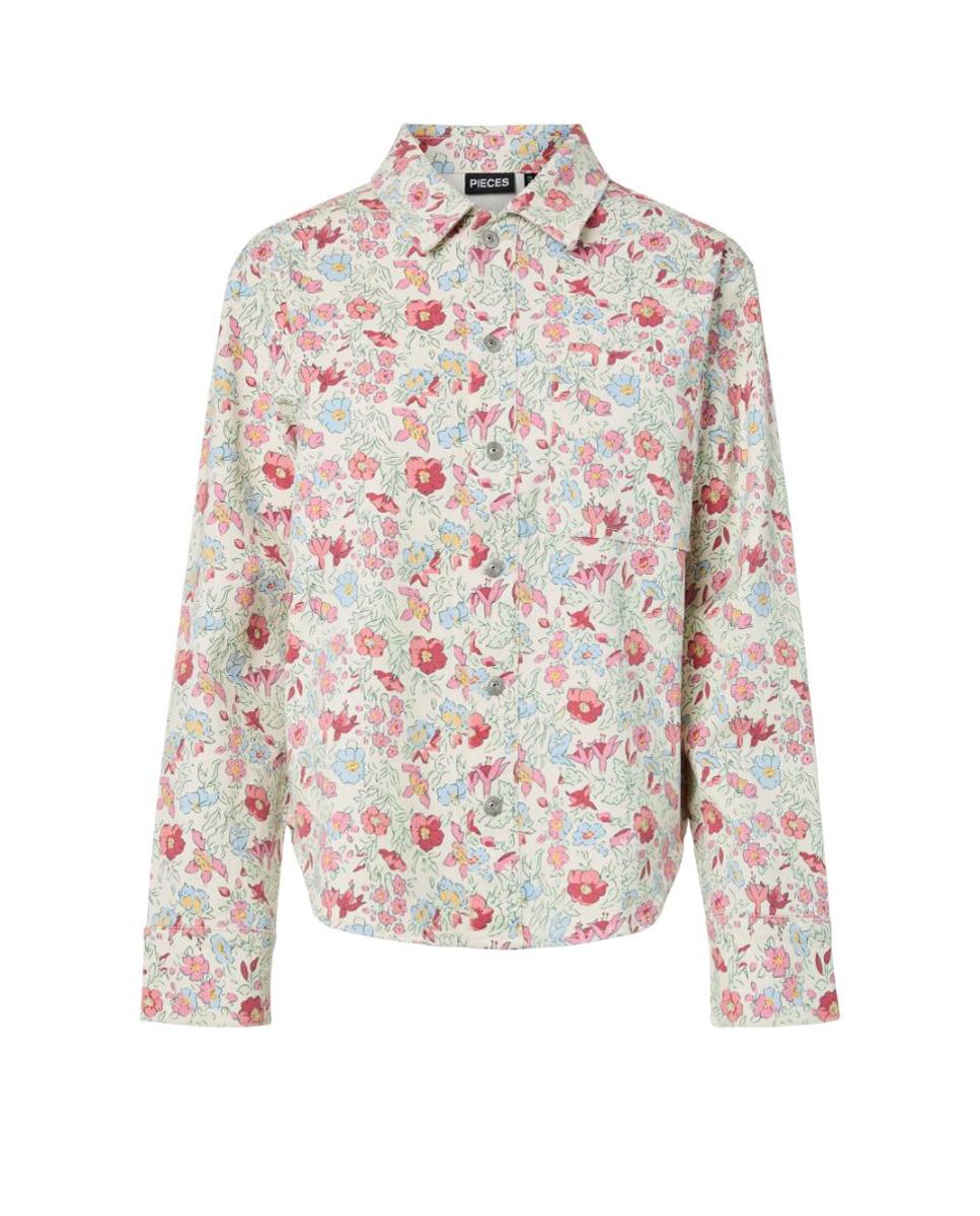 Camisa de Ganga com Estampado Floral Branco-5