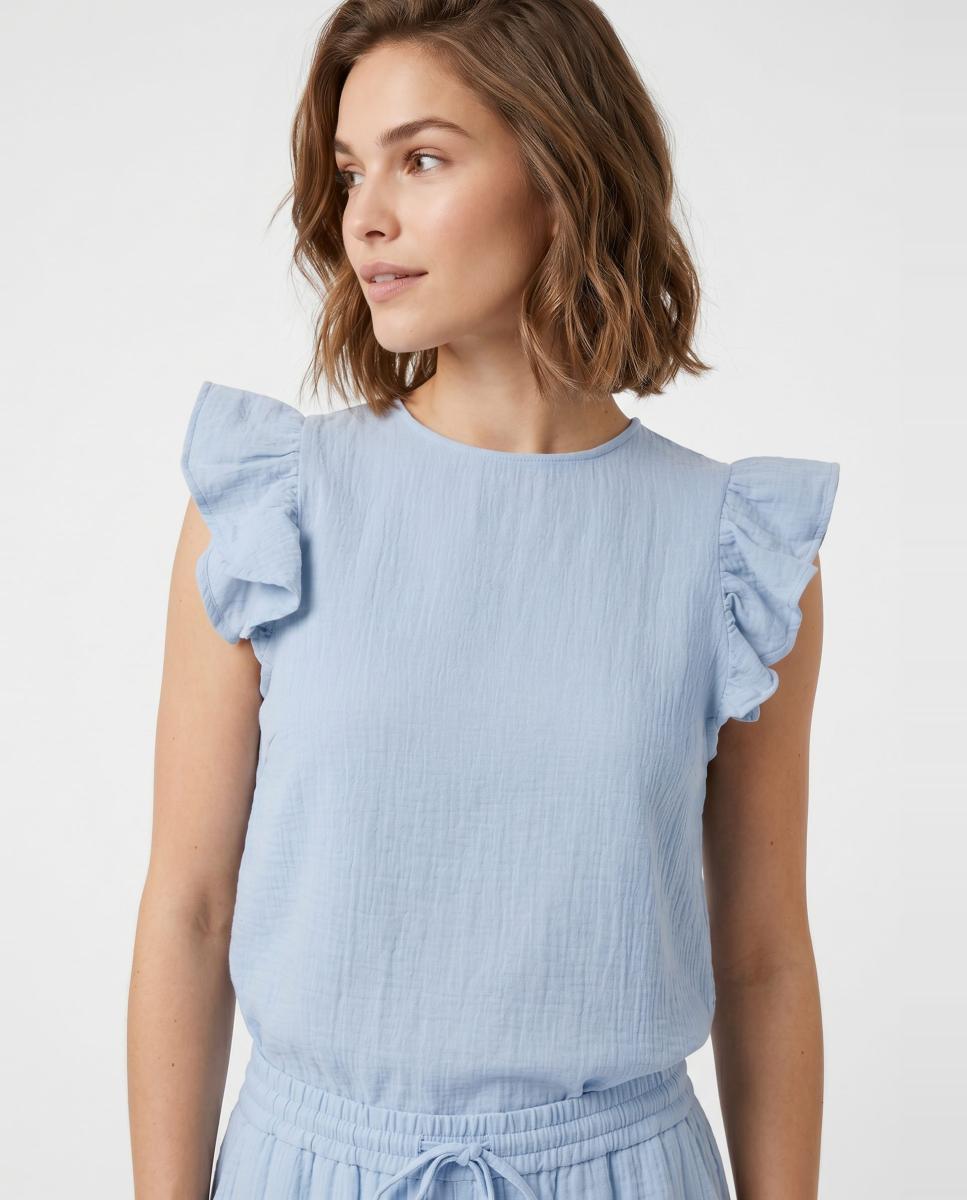 Pieces - Camiseta sin mangas y volante de algodón de mujer.