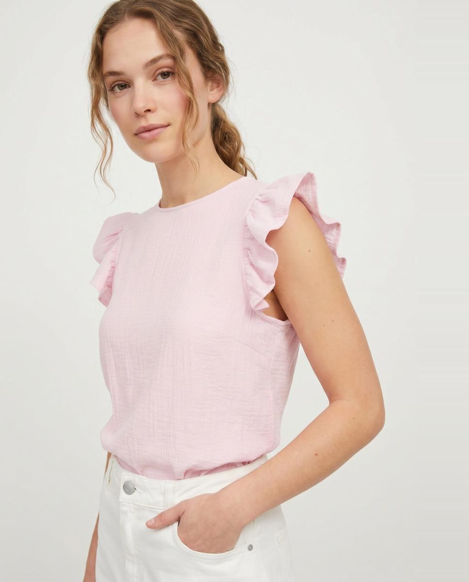 T-shirt de Algodão sem Mangas com Folho Rosa-claro-1