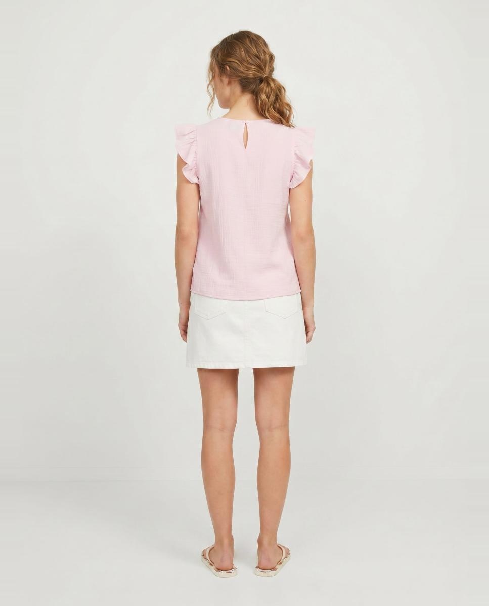 T-shirt de Algodão sem Mangas com Folho Rosa-claro-2