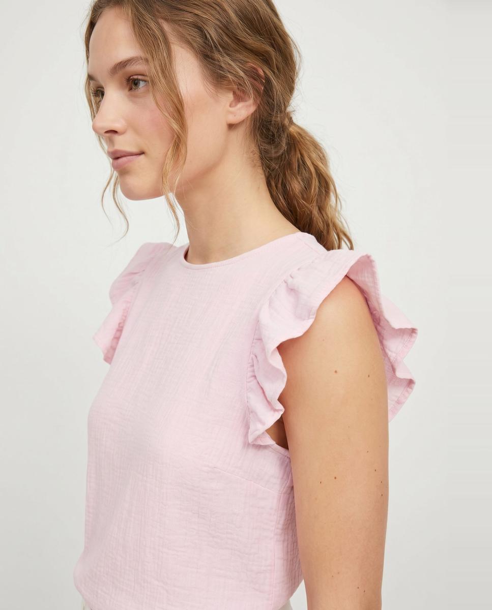 T-shirt de Algodão sem Mangas com Folho Rosa-claro-3