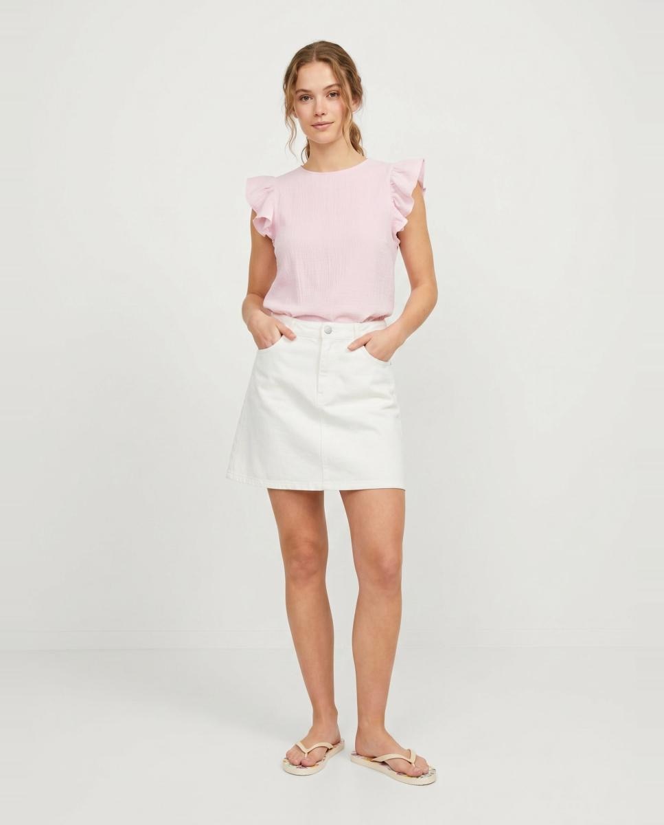 T-shirt de Algodão sem Mangas com Folho Rosa-claro-6