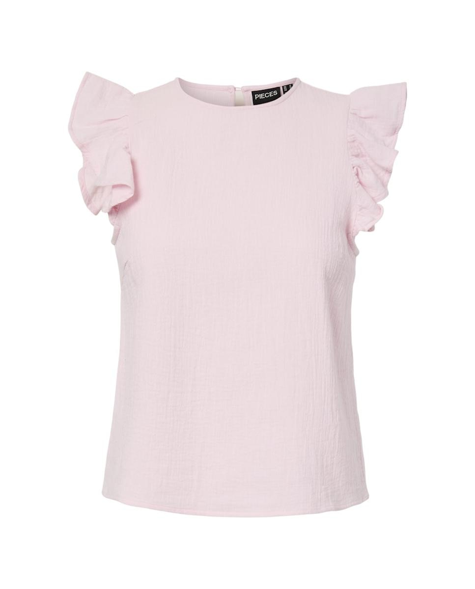 T-shirt de Algodão sem Mangas com Folho Rosa-claro-4