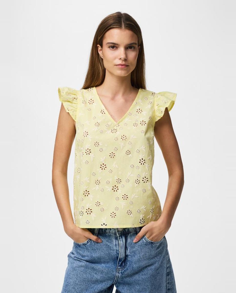 Top sin mangas y volantes de mujer - Pieces - Amarillo Amarillo-1
