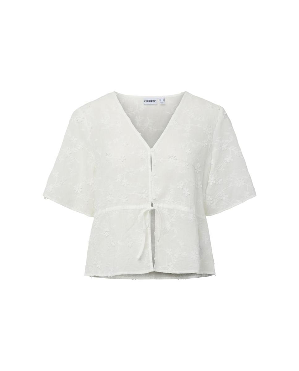 Blusa de mujer bordada de manga corte y escote pico. - Pieces - Blanco Blanco-5