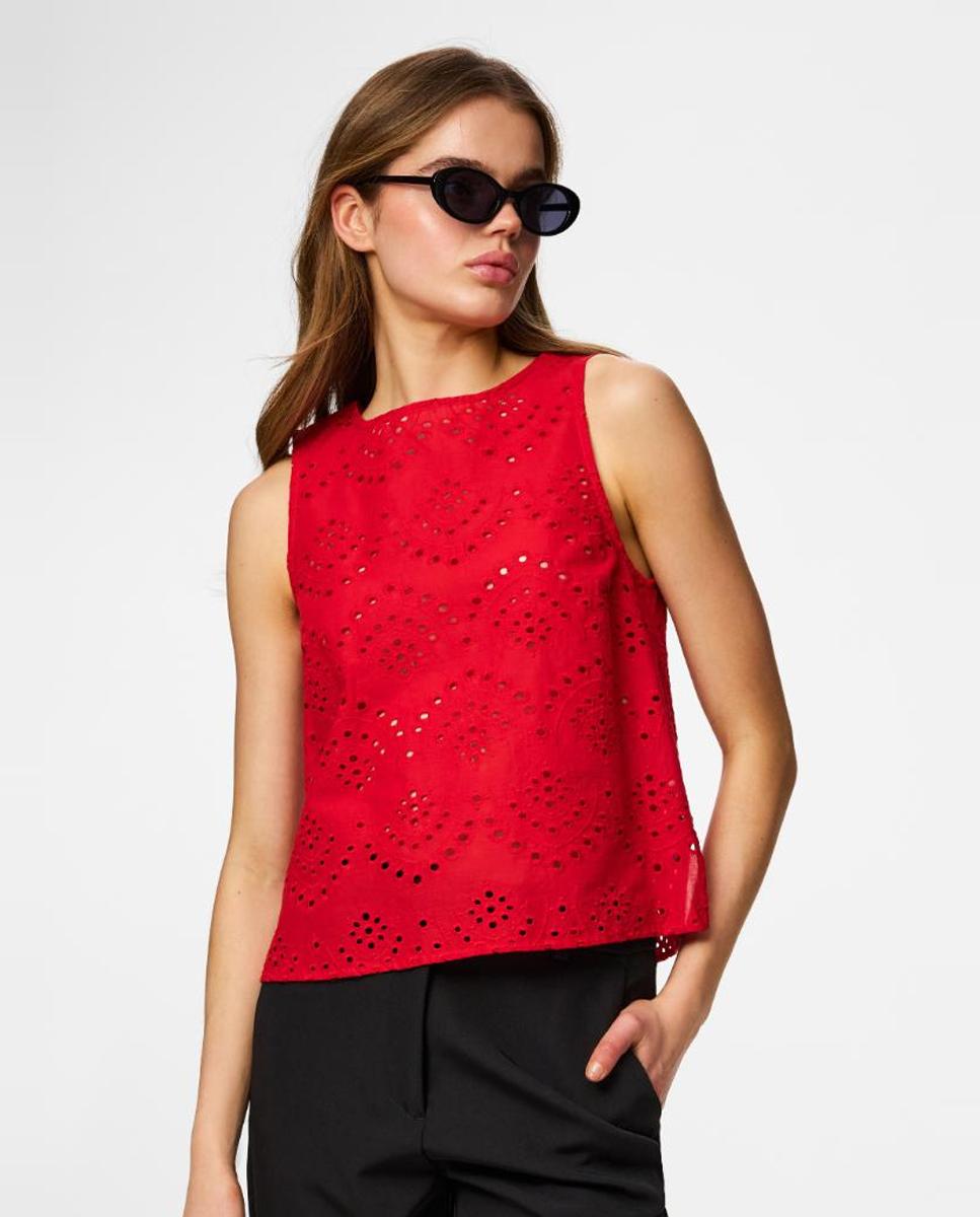 Pieces - Top de mujer de bordado inglés, sin mangas con cuello redondo..