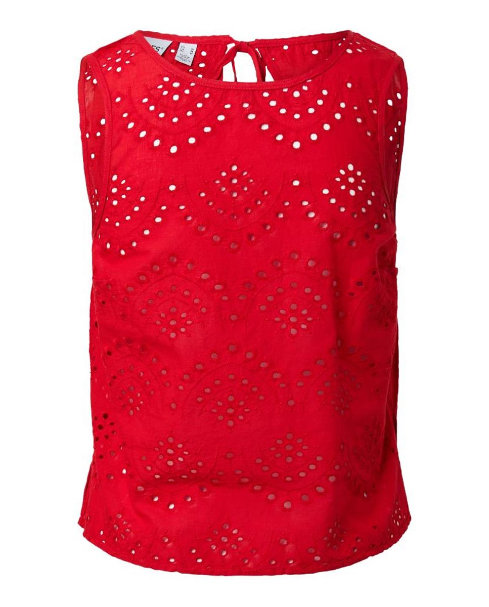 Top de mujer de bordado inglés, sin mangas con cuello redondo. - Pieces - Rojo Rojo-5
