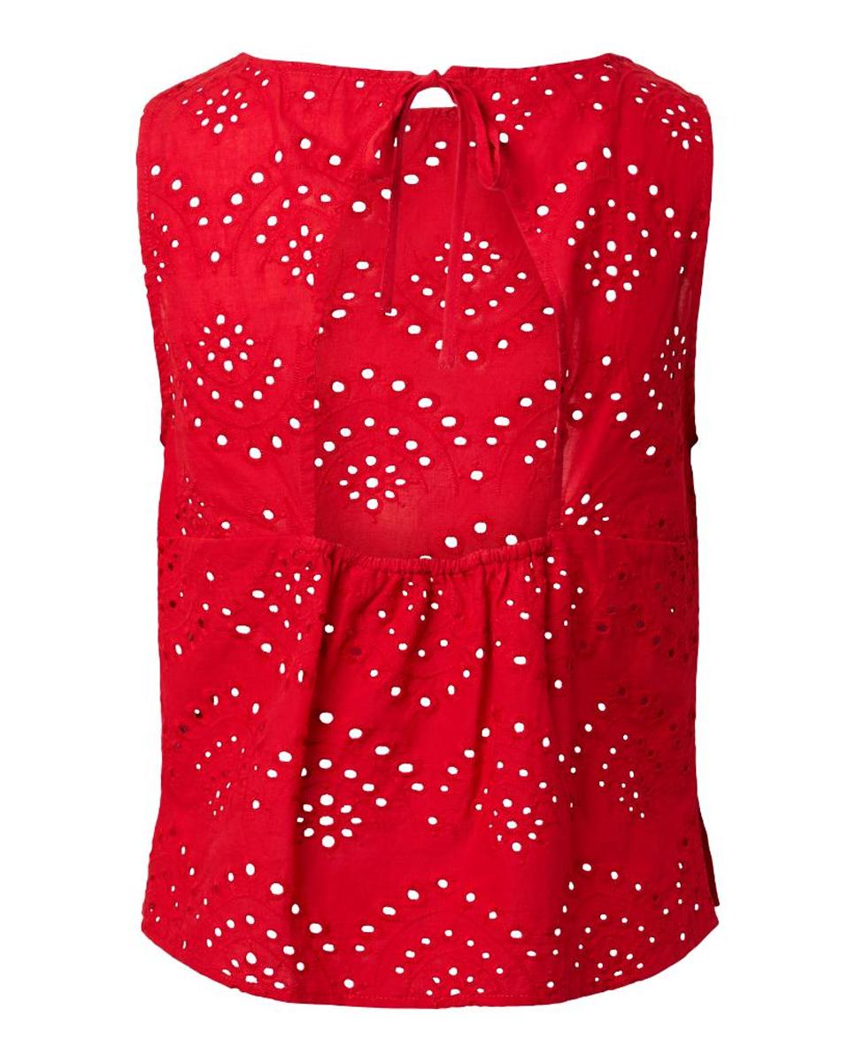 Top de mujer de bordado inglés, sin mangas con cuello redondo. - Pieces - Rojo Rojo-6
