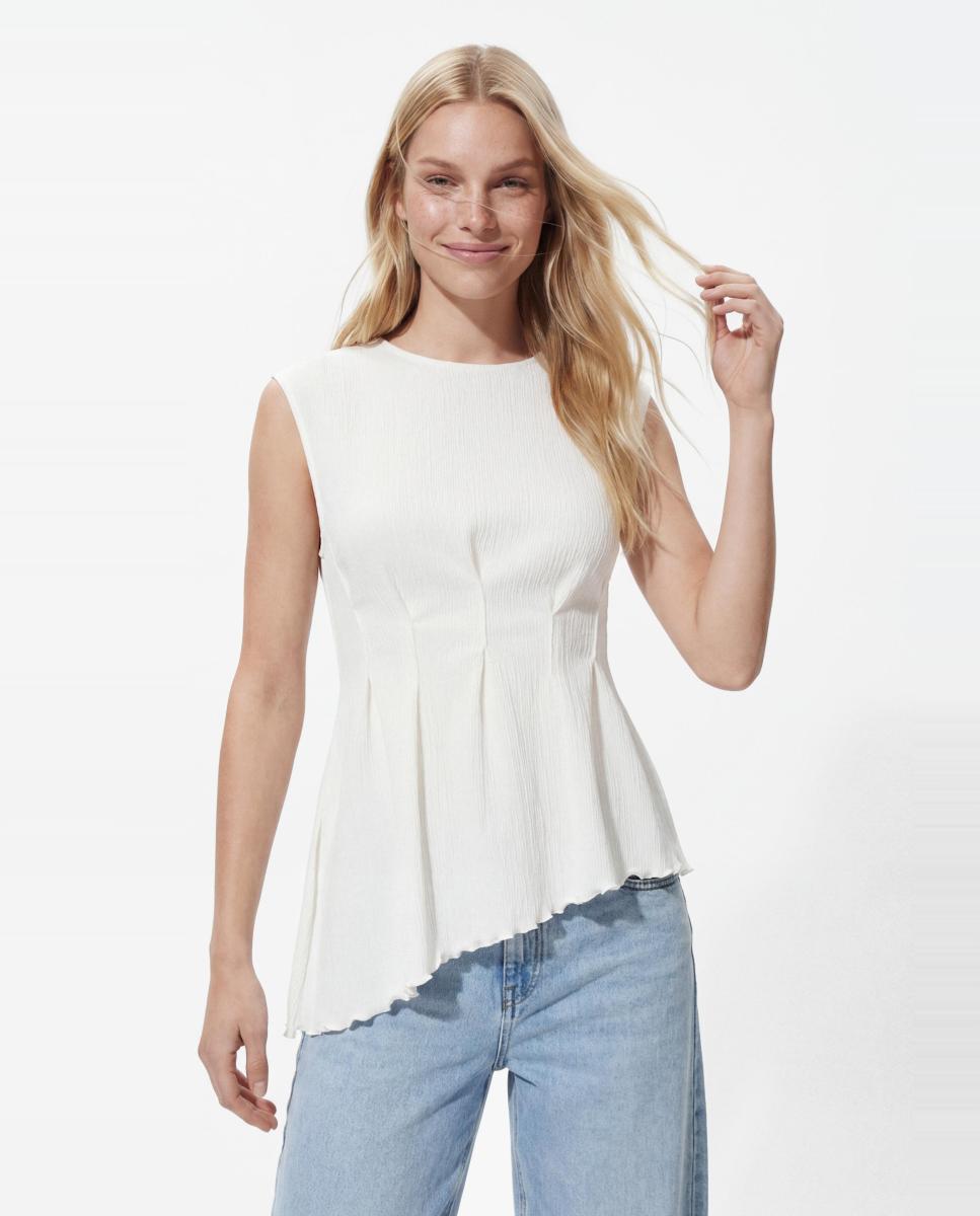 Top asimétrico de mujer sin mangas con cuello redondo. - Pieces - Blanco Blanco-1