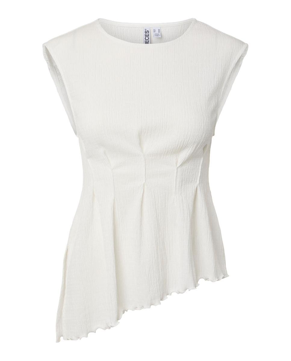 Top asimétrico de mujer sin mangas con cuello redondo. - Pieces - Blanco Blanco-5