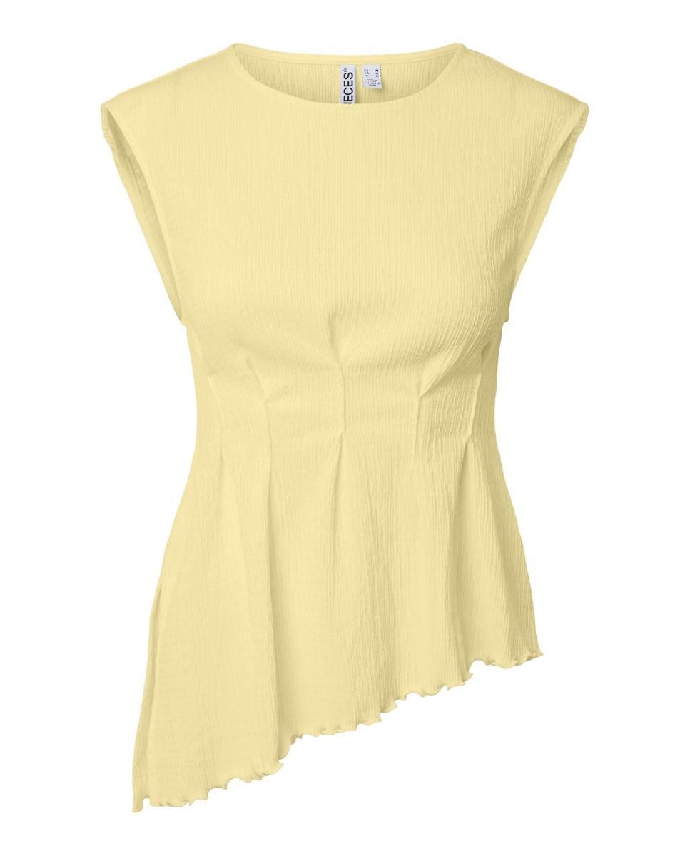 Top asimétrico de mujer sin mangas con cuello redondo. - Pieces - Amarillo Amarillo-5