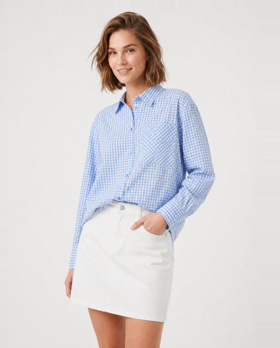 Imagem 0 de Camisa aos Quadrados Vichy com Colarinho de Camisa e Manga Comprida