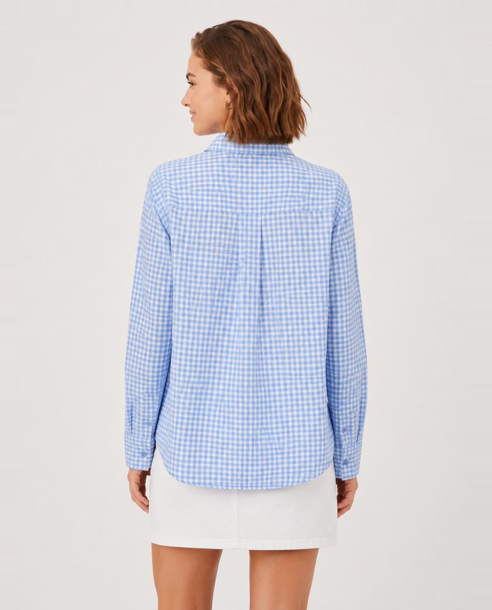 Camisa aos Quadrados Vichy com Colarinho de Camisa e Manga Comprida Azul-claro-2