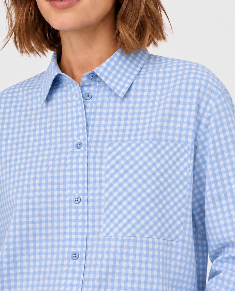 Camisa aos Quadrados Vichy com Colarinho de Camisa e Manga Comprida Azul-claro-3