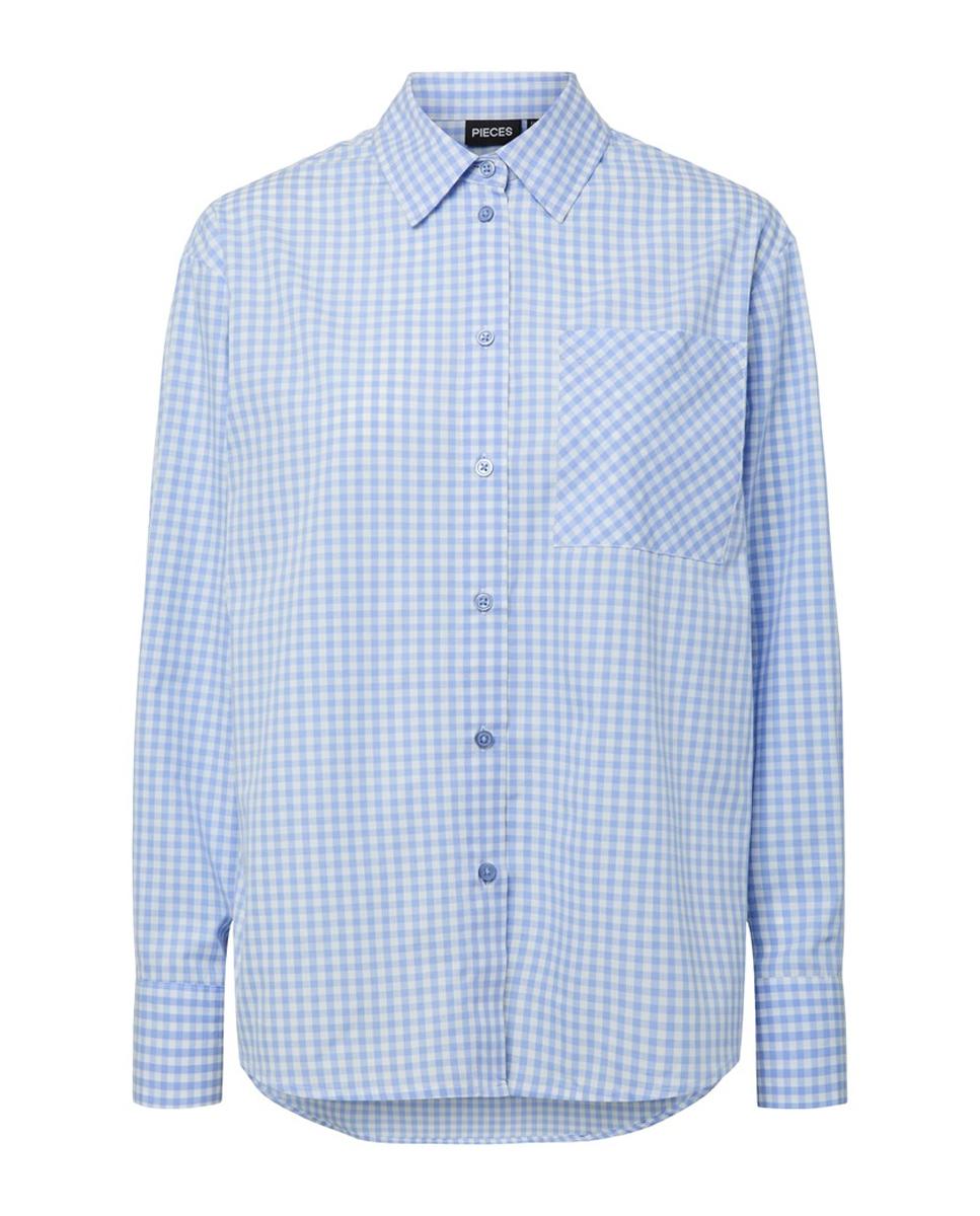 Camisa aos Quadrados Vichy com Colarinho de Camisa e Manga Comprida Azul-claro-4