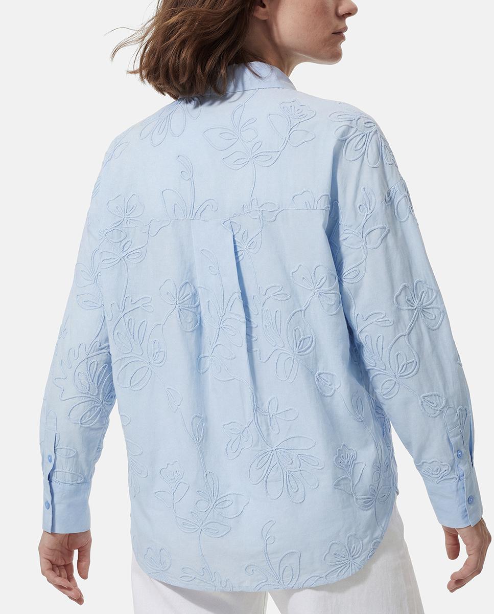 Camisa com Colarinho de Camisa e Detalhes Bordados Azul-claro-3