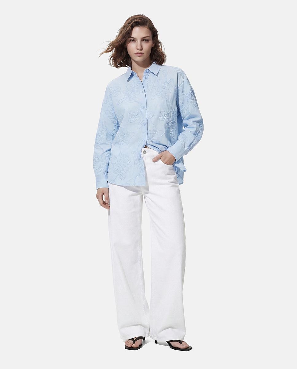 Camisa com Colarinho de Camisa e Detalhes Bordados Azul-claro-6