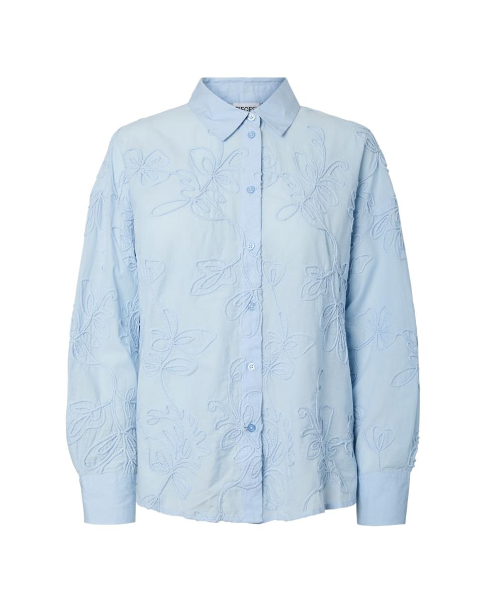 Camisa com Colarinho de Camisa e Detalhes Bordados Azul-claro-4