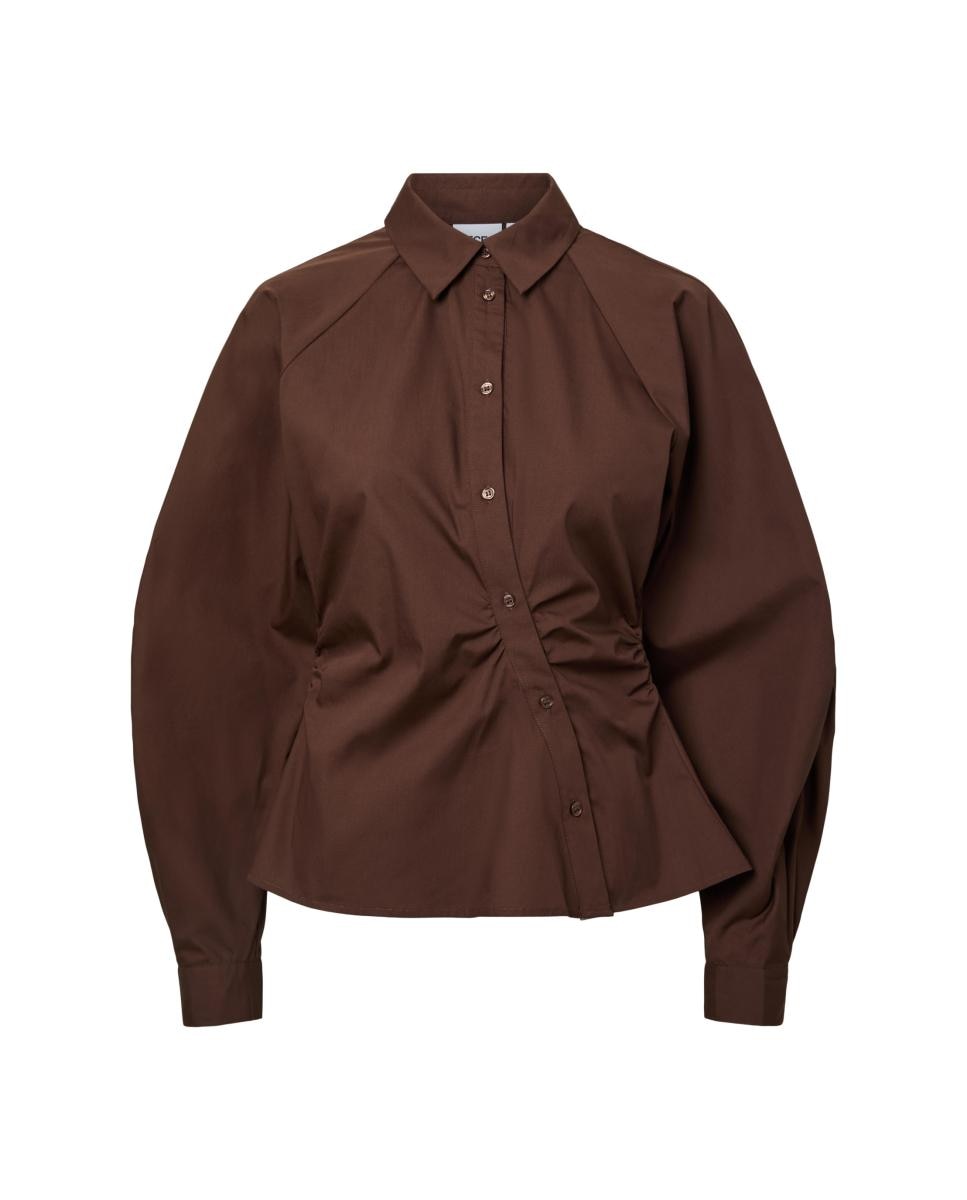 Imagen 4 de Camisa de mujer con cuello camisero y manga larga - Pieces - Blanco Marrón oscuro