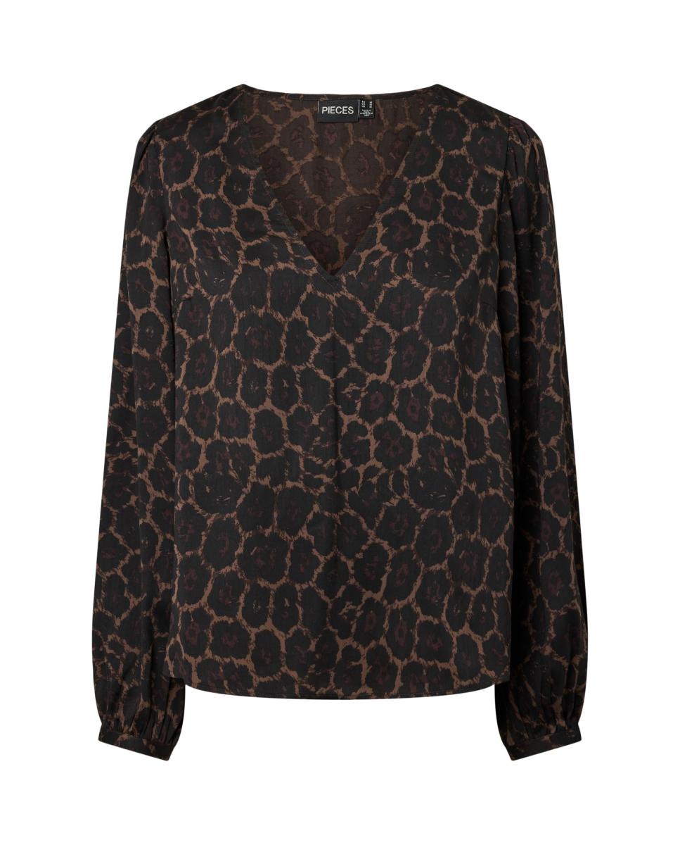 Blusa de mujer con escote pico y manga larga - Pieces - Negro Negro-4