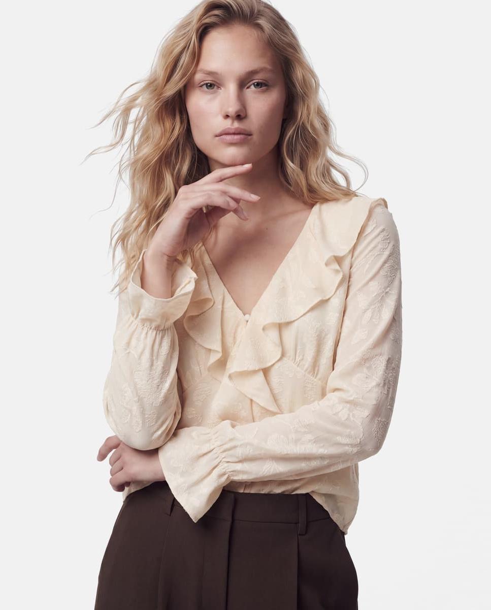 Blusa con escote de pico y manga larga de mujer - Pieces - Beige Beige-1