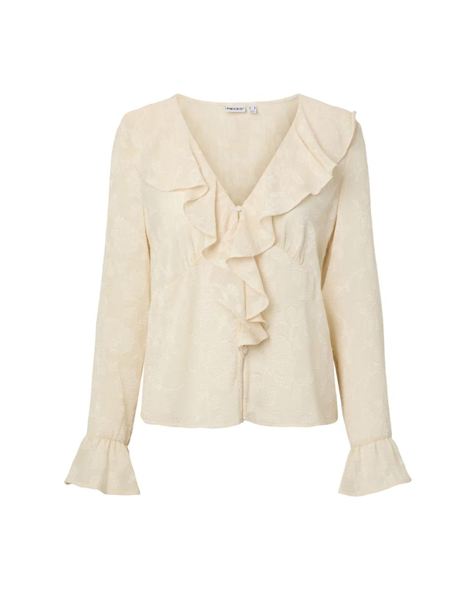 Blusa con escote de pico y manga larga de mujer - Pieces - Beige Beige-4