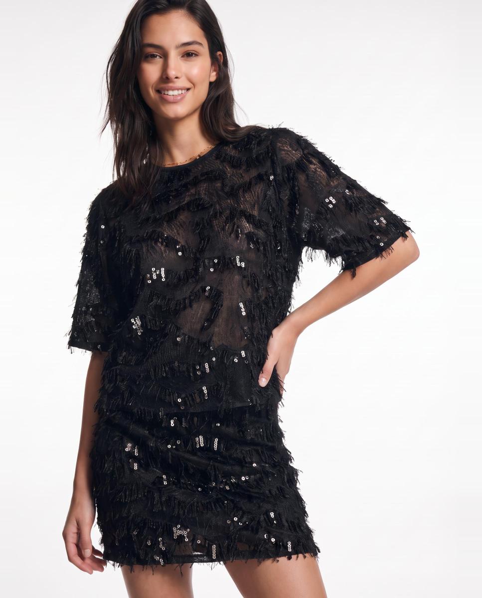 Imagen 1 de Top de mujer de manga corta y detalle de lentejuelas - Pieces - Negro Negro