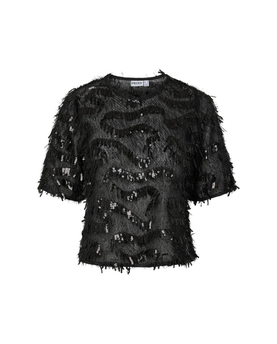Imagen 5 de Top de mujer de manga corta y detalle de lentejuelas - Pieces - Negro Negro