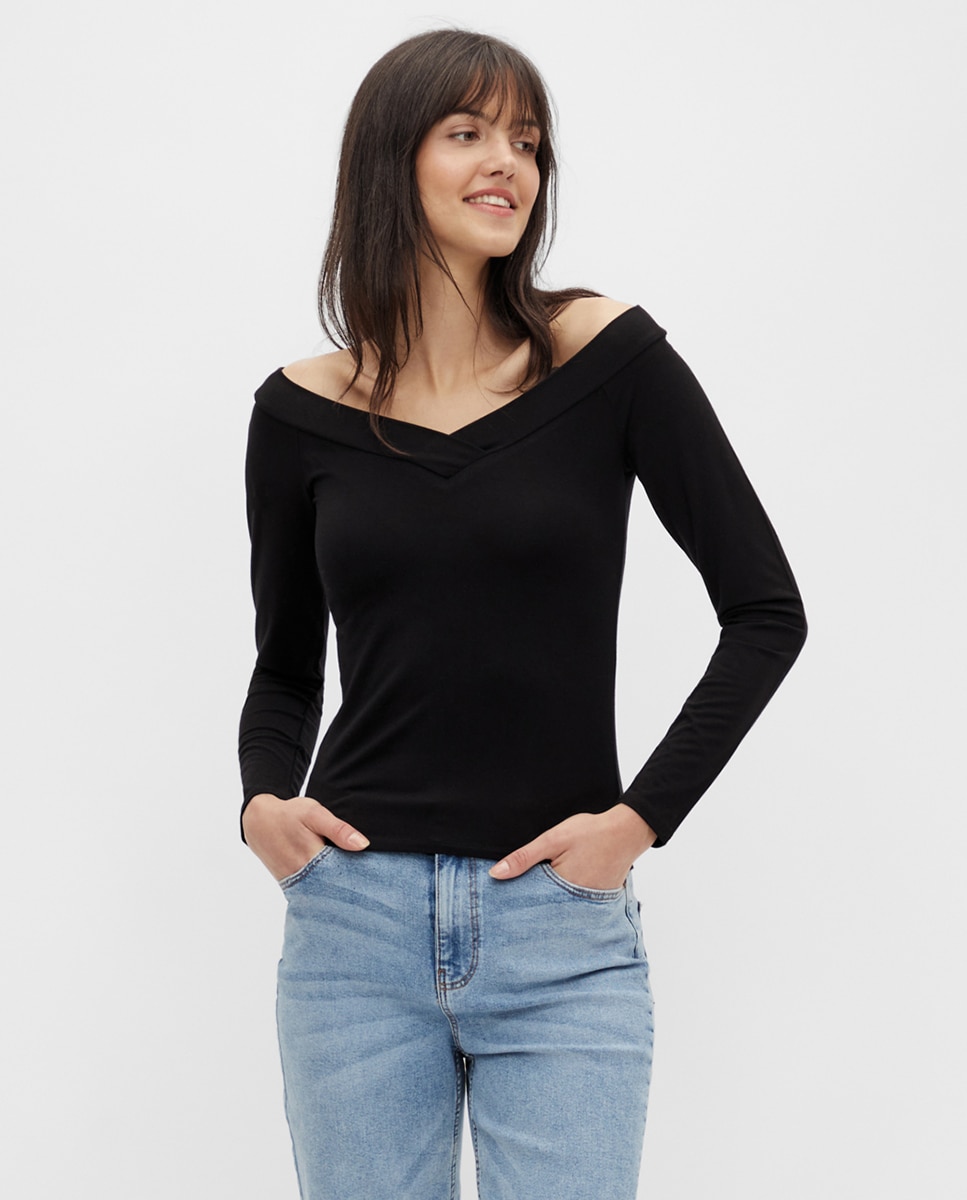 Top com manga comprida e decote off shoulders Preto-1