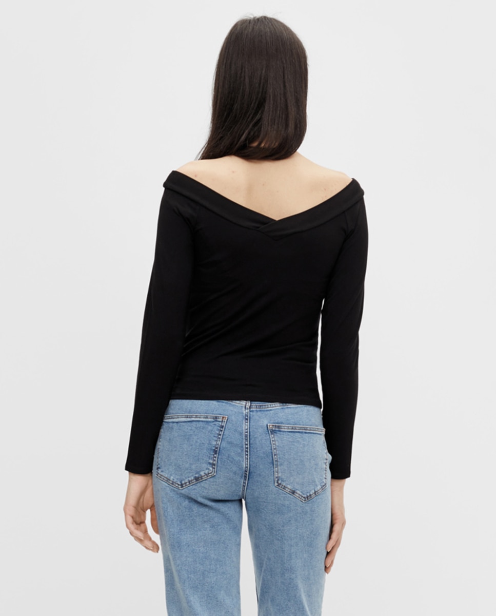 Top com manga comprida e decote off shoulders Preto-2